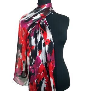 Vintage Anne Klein ASCOT Scarf Oblong Abstract Flowers 71 x 17 Black Red White